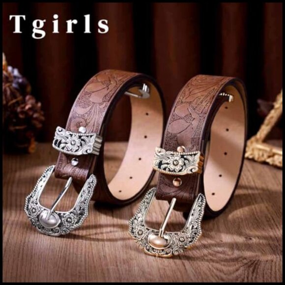 Vintage Western Leather Belt Retro Cowboy Style Adjustable Buckle Waist